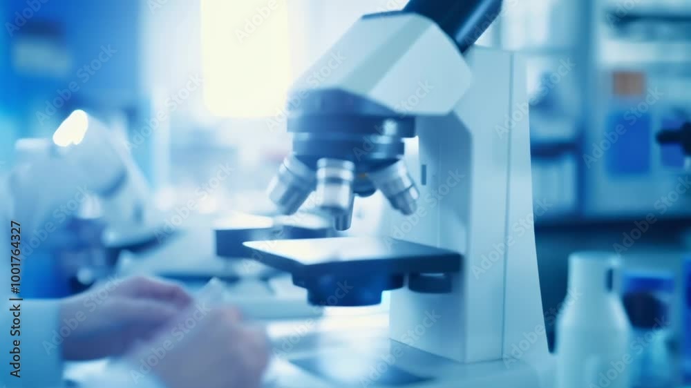 Aufkleber Scientist is conducting research in a modern laboratory, carefully handling samples and using a microscope for analysis. The image evokes a sense of scientific inquiry and discovery
