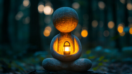 Wooden figurine holding a lantern in a dark forest at night