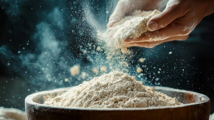 Fototapeta premium Hands sprinkling flour over a wooden bowl in baking process