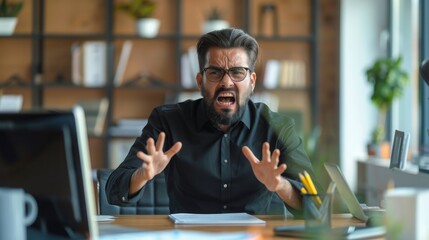 Fototapeta premium A man with a beard is sitting at his desk, yelling and looking very angry. He seems to be frustrated about something.