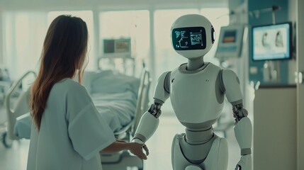 humanoid robot is interacting with a doctor in a contemporary hospital room showcasing AI integration in healthcare enhancing patient care and productivity.