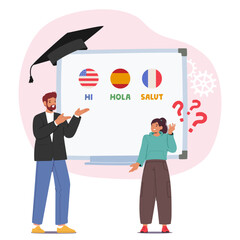 Language School Lesson Featuring A Teacher And Student Characters Engaging In English, Spanish, And French Language © Anna Syvak