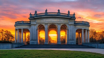 Obraz premium A grand archway structure with a stunning sunset in the background. The archway is made of stone with columns on both sides, and there are steps leading up to it.