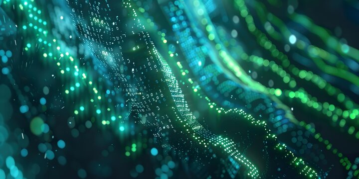 Abstract digital wave with binary code and glowing green dots in a dynamic virtual environment