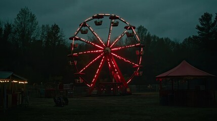 A lit-up Ferris wheel stands against a dark sky at a carnival.