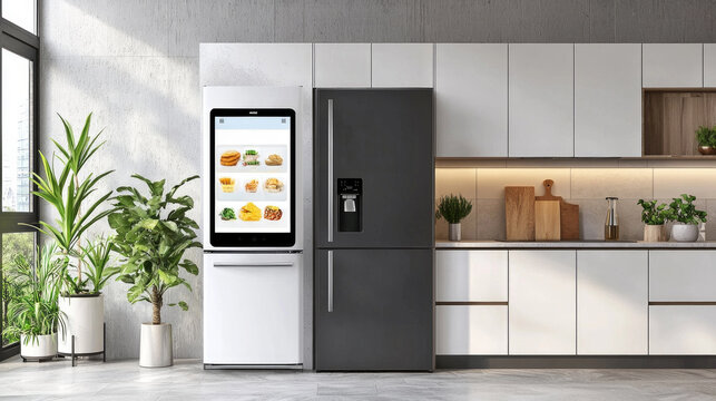 contemporary kitchen showcases a sleek smart refrigerator displaying recipes and a shopping list enhancing meal planning and grocery shopping convenience.
