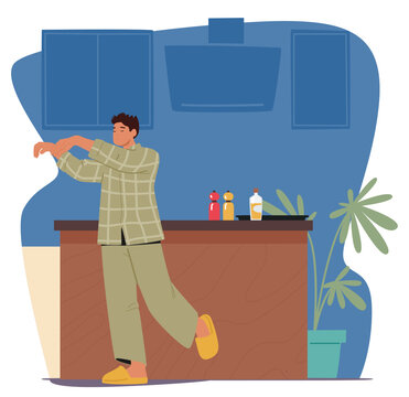 Man Sleepwalking In A Cozy Home Interior. Male Character Dressed In Comfortable Pajamas And Slippers