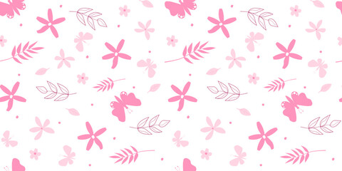 Fototapeta premium Seamless pattern with a delicate summer monochrome print. Flowers, butterflies, leaves on a white background. Vector graphics.
