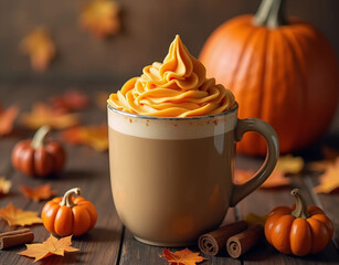 This image features a cup of coffee with a generous portion of orange-colored whipped cream on top, evoking an autumnal style. The scene is surrounded by small decorative pumpkins and cinnamon sticks.