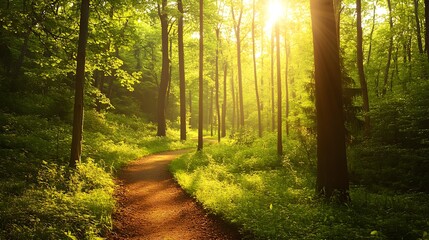 Fototapeta premium Serene Winding Path Through Lush Green Forest Landscape