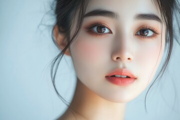 Naklejka premium Close-up portrait of young Asian beautiful woman with K-beauty make up style and healthy and perfect skin isolated on beige background for skincare commercial product advertising. with generative ai