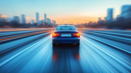 Fototapeta premium Blurred motion shot of a blue car speeding down a highway at dusk creating a sense of speed and dynamic motion on the open road