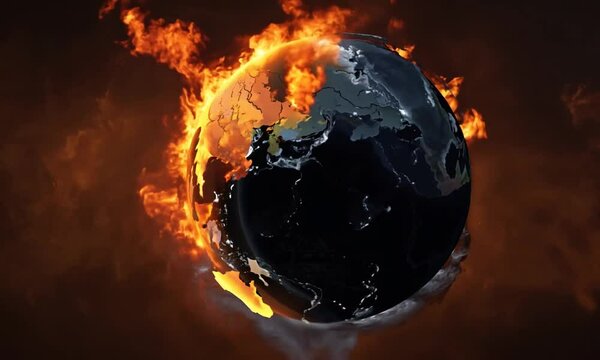 The globe is cracked and burnt in flames, symbolizing the negative impacts of climate change and environmental damagesigned-tmpjsrz4hx5.mp4