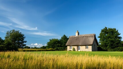 Obraz premium Secluded Cottage with Thatched Roof in Tranquil Landscape