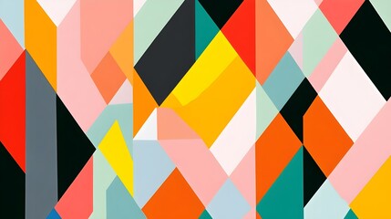 Obraz premium an abstract geometric pattern composed of various overlapping and intersecting shapes, primarily diamonds and triangles. The color palette is vibrant and includes shades of orange, red, yellow, pink, 