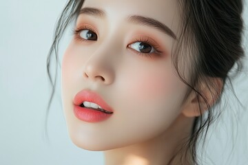 Fototapeta premium Close-up portrait of young Asian beautiful woman with K-beauty make up style and healthy and perfect skin isolated on beige background for skincare commercial product advertising. with generative ai