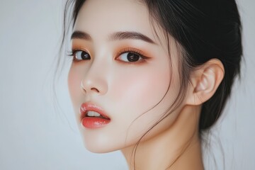 Naklejka premium Close-up portrait of young Asian beautiful woman with K-beauty make up style and healthy and perfect skin isolated on beige background for skincare commercial product advertising. with generative ai