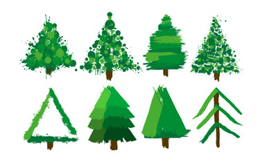 Set of Christmas trees from paint blots. hand drawing. Not AI, Vector illustrations.