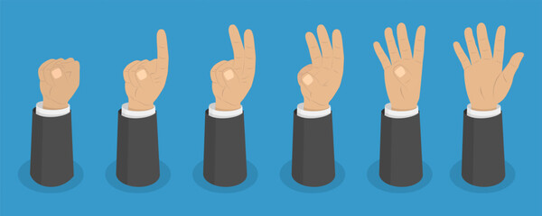 3D Isometric Flat Vector Set of Human Hands Gestures, Counting Numbers from Zero to Five
