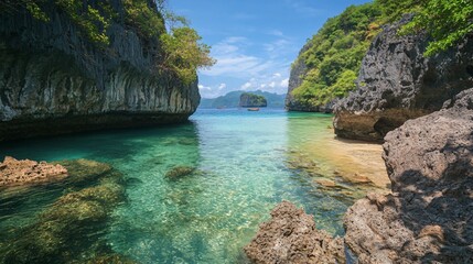 Obraz premium Secluded Cove Surrounded by Rocky Cliffs and Clear Water