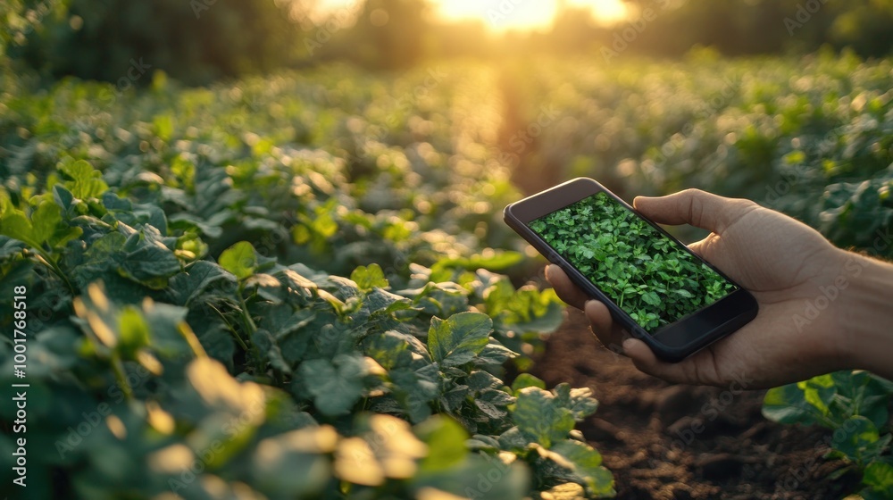 Poster A hand holds a smartphone in a field of green plants at sunset, showing an image of the plants on the screen.