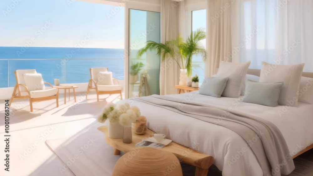 Poster modern bedroom with an open door leading to a balcony featuring seating and an ocean view is bathed 