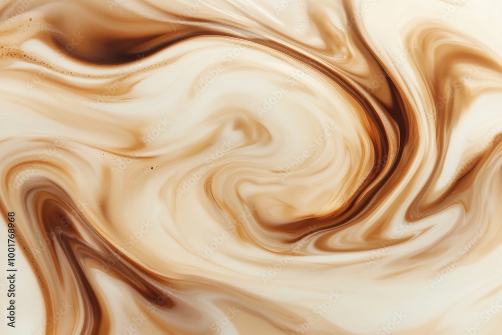 Poster swirling coffee blends into creamy milk, creating an abstract dance of rich brown and soft white in 