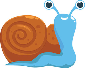 Cartoon illustration of a cute snail with big eyes, a brown shell, and a blue body, slithering and smiling