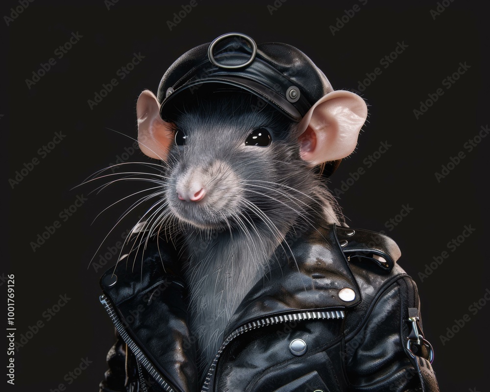 Wall mural A rat wearing a leather jacket and cap. AI.