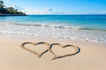 Two intertwined hearts drawn in sand on a beach with gentle waves in the background, symbolizing love and connection under a perfectly clear blue sky.