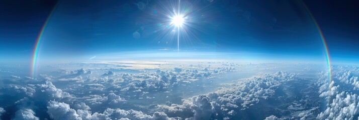 A breathtaking view of the sky with fluffy clouds and a bright sun. AI.