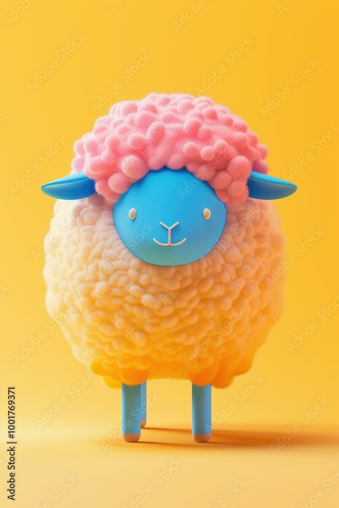 Canvas Prints A fluffy sheep with a pink and yellow coat. AI.