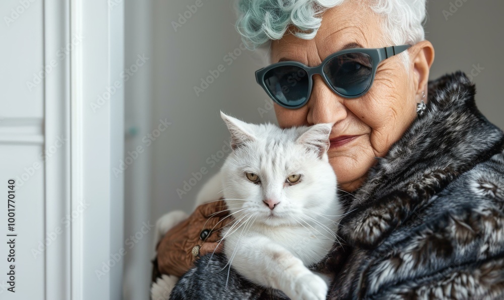 Sticker A woman with blue hair and sunglasses holds a white cat. AI.