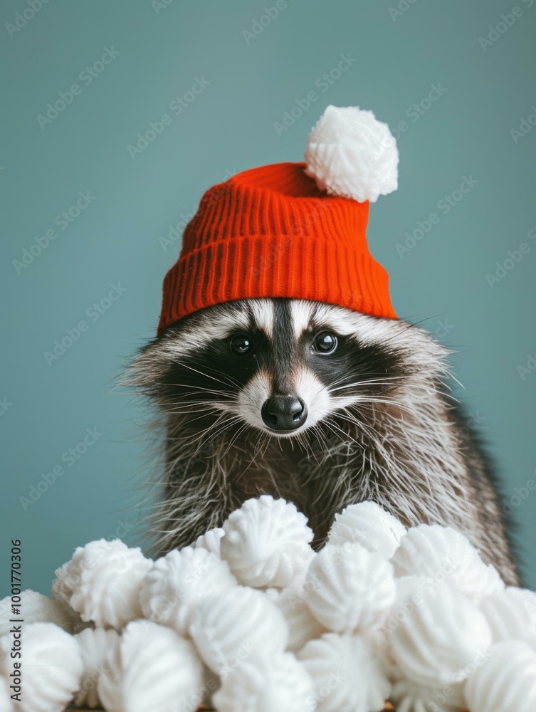 Poster A raccoon wearing a red hat looks over a pile of white marshmallows. AI.