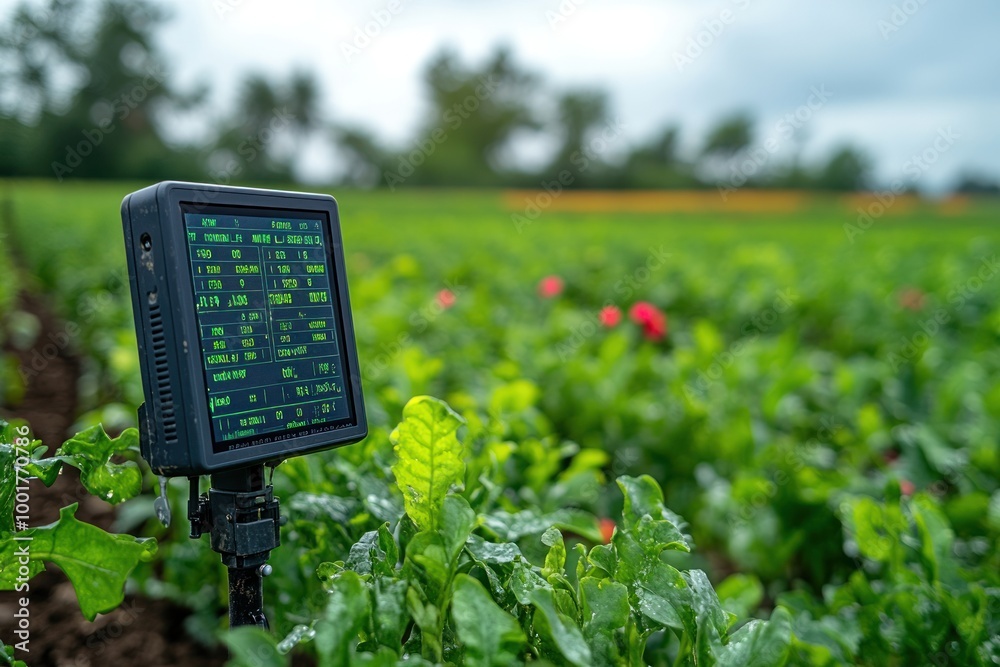 Wall mural A close-up of a digital display showing data on a field of plants, suggesting precision agriculture technology.