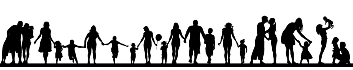 Family parents and kids outdoor activities in park silhouettes set collection. People seniors adults teens kids having fun playing together outside silhouette. hand drawn. Not AI, Vector illustration