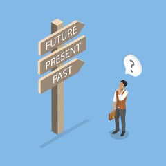 3D Isometric Flat Vector Illustration of Choose Journey Direction, Man With Signpost Choosing Past, Present, Or Future Course