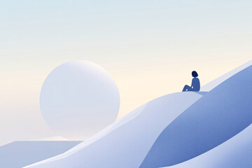 Obraz premium A minimalist illustration of a person sitting alone on a snowy hill with a large white sun in the background creating a serene landscape 