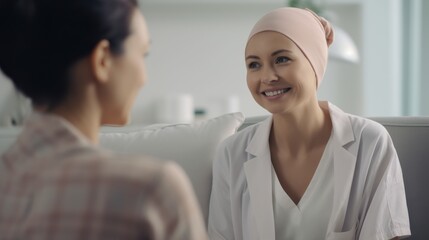 Fototapeta premium An oncology patient wearing a headscarf shares a warm, genuine smile with a doctor, showcasing hope and positivity during a consultation.