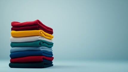 A vibrant array of neatly folded clothes in rich colors is stacked against a soft light blue backdrop, promoting a sense of order and freshness for any setting