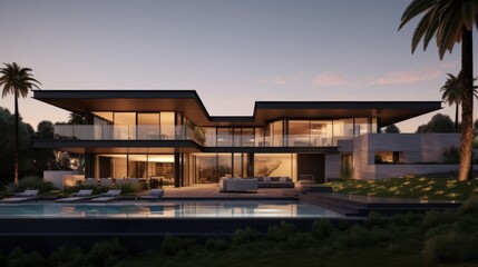 Obraz premium A stunning modern home with expansive glass walls overlooks a lush landscape, blending contemporary living with the beauty of nature at sunset.