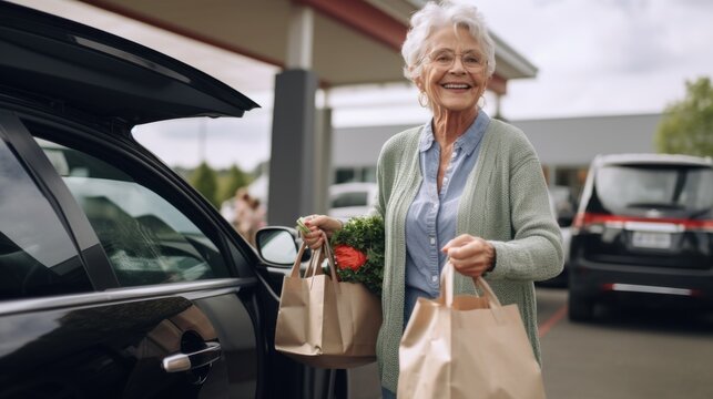A cheerful elderly woman carries bags of groceries out to her car, radiating independence and the joy of a simple, satisfying routine.