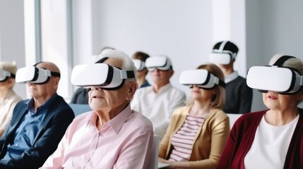 A group of seniors fully immersed in a virtual reality experience, showcasing the blend of technology and aging, engaging in modern exploration together.