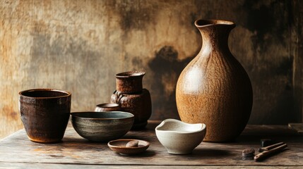 Rustic ceramic pottery set on a wooden table