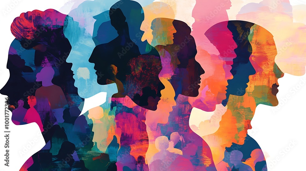 Poster silhouettes of people in profile, overlapping and colorful, creating a sense of community and divers