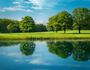 Idyllic Meadow Reflections: Trees and Water in a Rural Landscape