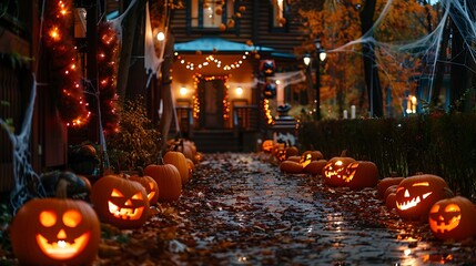 Obraz premium Halloween pumpkins and lanterns lining the path to a decorated house, with spooky wreaths, cobwebs, and glowing lights, perfect for a Halloween night scene filled with festive charm.