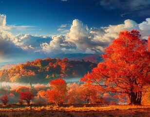 Naklejka premium Majestic Autumn: Trees and Beautiful Clouds in a Scenic Landscape