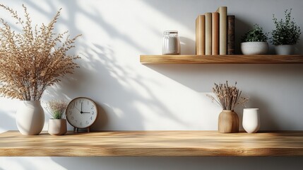 A minimalist office background with a plain white wall, a wooden desk, a minimalist clock