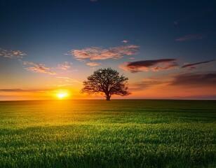 Fototapeta premium Dusk's Glow: Red Sunset and the Tenacity of a Lone Tree